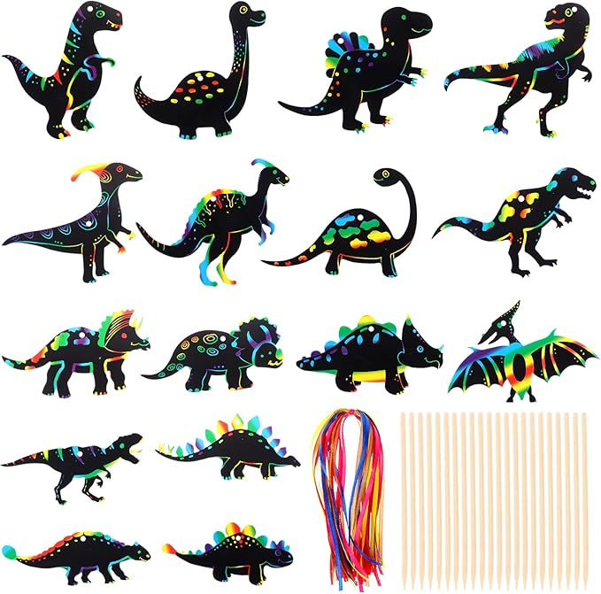 Droutti 64 Sets Dinosaur Theme Scratch Cards Rainbow Scratch Paper Dinosaur Crafts Art Card Kit DIY Scratch Dinosaur Paper with Wood Stylus and Ribbon for Classroom Craft Birthday Party Supplies