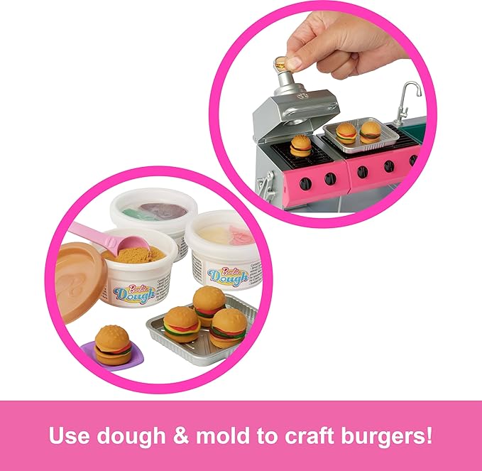 Barbie Dream Camper Playset with Roof Tent, Swing Chair, Fishing Pond, BBQ Grill with Color-Change Feature & 60+ Accessories Including Dough