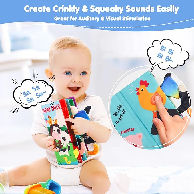 beiens Baby Books Toys, Touch and Feel Crinkle Cloth Books for Babies, Infants & Toddler, Early Development Interactive Car & Stroller Soft Toys for Boys & Girls (Farm Tails-1 Book)
