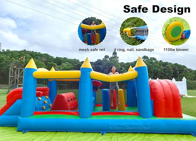 24FT Commercial Grade Inflatable Obstacle Course, (100% PVC) Bounce House for Big Kids 5-12 & Adult, with 2 Slides, (1100w Blower), Bouncy House for Backyard Outdoor Birthday Party Decor