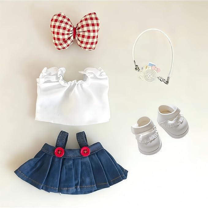 5 Set 17cm Doll Clothes, Clothes for Dolls Outfit, Accessories for 17cm Dolls Clothes T-Shirt + Bow Tie + Denim Skirt + Princess Shoes + Camera, No Doll Included (Cowgirl Set)