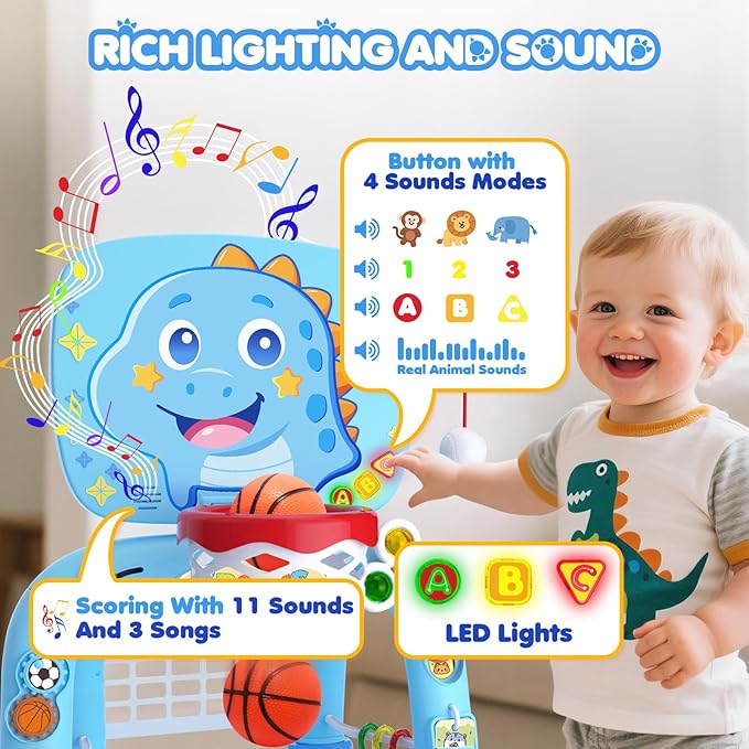 Toys For 1 Year Old Boy - Toddler Basketball Hoop&Soccer Goal&Baseball Sport Activity Center,Montessori Sensory Musical Toy With Light,Christmas Birthday Gift for Age 12-18 Month(Sky Blue Dinosaur)