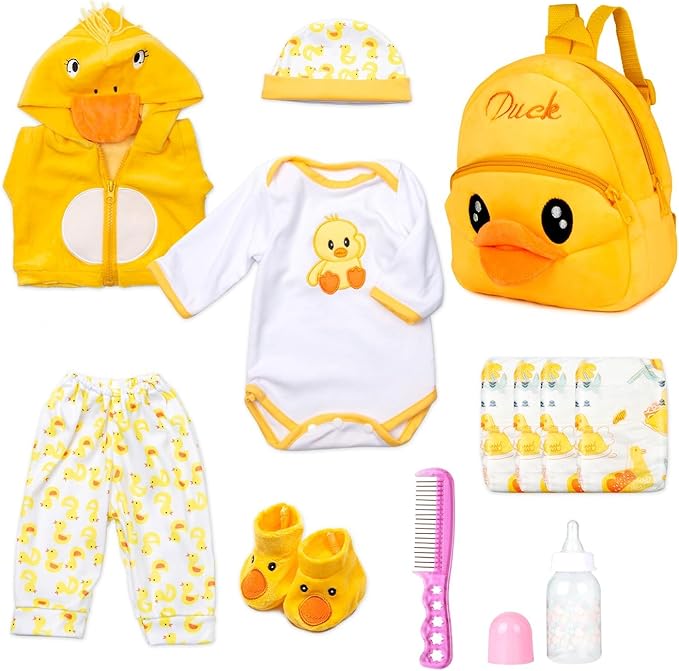 Reborn Baby Doll Clothes 17 inch Yellow Duck Outfits for 16-18 Inch Reborn Baby Doll Diaper Reusable Accessories 12 Pcs Set Backpack for Boys & Girls