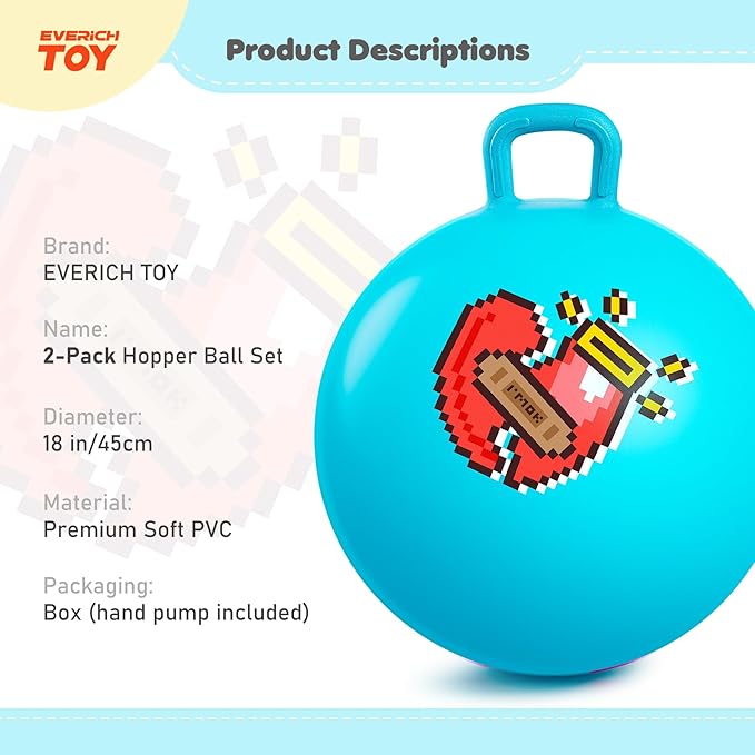 EVERICH TOY 2-Pack Hopper Ball for Kids, 18In Hippity Hop Balls, Yellow & Blue Bouncy Ball with Handle, Indoor Outdoor Active Play Toys Easter Basket Stuffers Girls Boys Gifts for 4 5 6 7 8 Yr Old