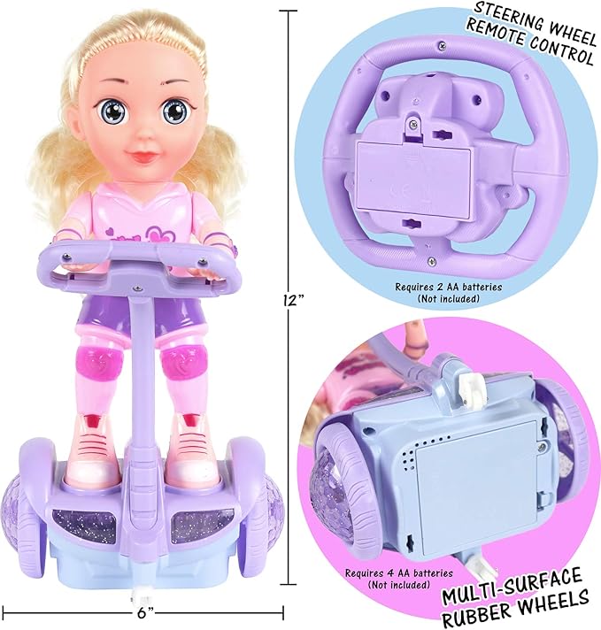 Doll Set with Remote Control Toy Electric Scooter for Kids with LED Lights Music and 360° Rotation