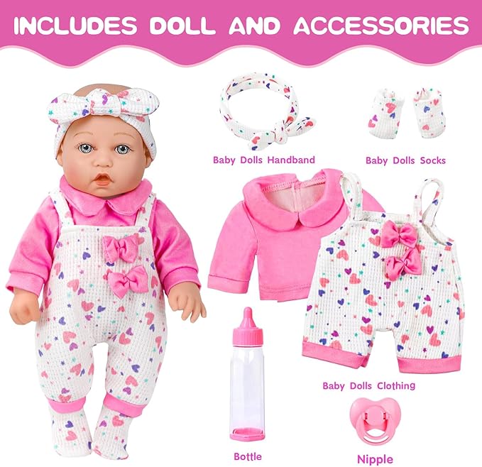 XFEYUE 12" Baby Doll with Pink Bowknot Clothing Set,12 Inch Realistic Baby Dolls with Clothes and Accessories,Pacifier Bottle Toy Pretend Play Collection for 3+ Child Girls Gifts