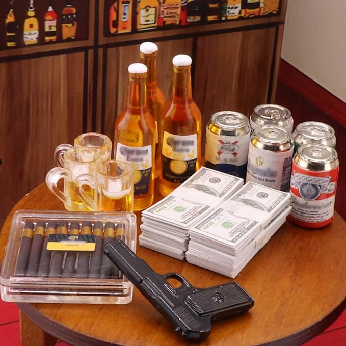 1 Set Mini Prop Miniature Beer Bottles Mini Beer Cans Miniature Money 100 Dollar Bills Model Set for 1/6 Scale Tiny Doll Assesories Dollhouse Decoration Figure Accessories (Set C)