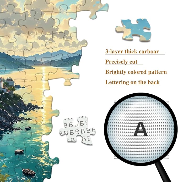 1000 Piece Puzzle for Adults Coastal Village Sunset View Jigsaw Puzzles with Letters on Back Family Impossible Challenging Puzzle Gift for Valentine Friends Parents(27.56x19.7 Inch)