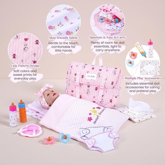 BABESIDE 14 Pcs Baby Doll Accessories Set for 12-15 Inch Babydolls - Baby Doll Diaper Bag Set with Dolls Bedding, Changing Pad & Babydoll Feeding Accessories for Kids Pretend Play Toys