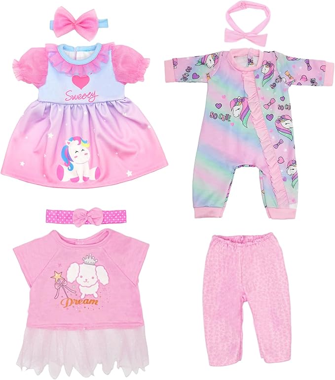 Baby Doll Clothes for 12-18 inch Dolls, 3 Set Doll Girl Clothes with Dress Jumpsuit Headbands for 35-45 cm Baby Doll Accessories Girls Birthday Gift