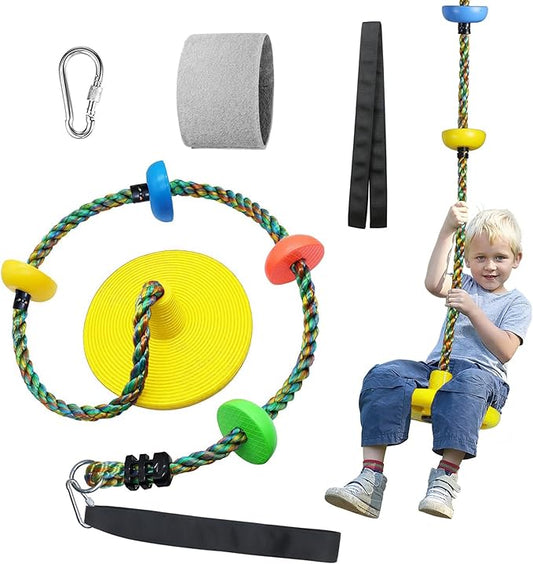 Tree Swing for Kids Backyard Single Disc Rope Climbing Swing Seat for Tree Indoor Outdoor Playground Set Accessories with Thickening 4 Ft Strap-Yellow