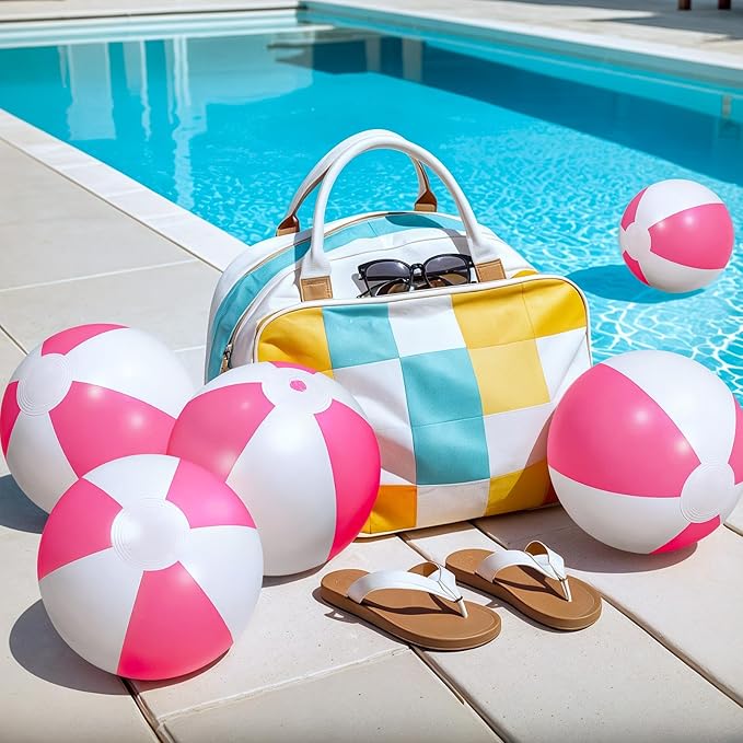 AMOR PRESENT 12PCS Beach Balls Bulk, 8.5" Pink and White Inflatable Blow Up Pool Balls, for Kids Swimming Pool Beach Party