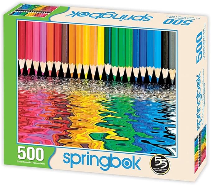 Springbok Pencil Pushers 500 piece Jigsaw Puzzle for Adults and Kids features a rainbow of colored pencils - Made in the USA with interlocking pieces that snap perfectly in place.
