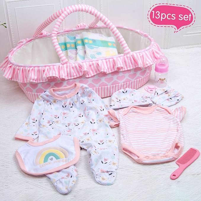 13 Pcs Baby Doll Accessories Set for 17-22 Inch Girl Baby Dolls, Reborn Baby Doll Clothes with Heart Bassinet Pink Basket Newborn Doll Outfits Kids Pretend Play Set