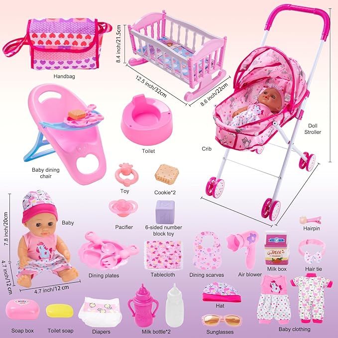 Baby Doll Stroller Play Set with 12.5" Baby Dolls, 28 Pcs Pretend Role Play Doll Accessories Including Crib, Dining Chair, Doll Clothes, Sunglass, Handbag for Girls Toddlers 3-5 4-6 5-7