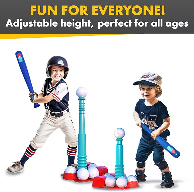 T Ball Stand for Kids and Toddlers 3-5, 5-8. Baseball Set Includes 6 Large Balls, an Adjustable Tball Batting Tee, and a Storage Net. Kids Bat & Teeball, T-Ball Sets for Kids