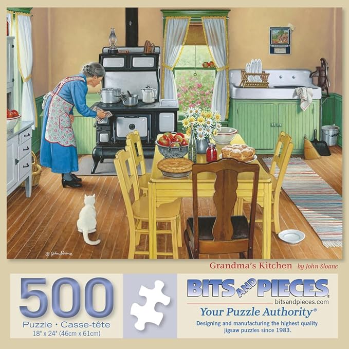 Bits and Pieces – Grandma's Kitchen Jigsaw Puzzle by John Sloane – 300, 500, or 1000 Pieces – Cozy Nostalgic Scene – 18"x24" (300 & 500 pcs), 20"x27" (1000 pcs) (500 Piece Puzzle)