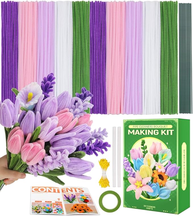 Praisebank Purple Pipe Cleaners for Crafts (400pcs with Instruction), Flower Making Kit, Chenille Stems for DIY Projecets, Arts & Crafts Supplies for Festival Party Decorations