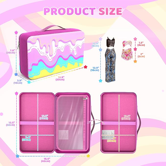 Stylish Travel Case for 12 Inch Fashion Dolls - Storage Solution with Pockets for Doll Accessories - Best for On-The-Go Travel (1-ice Cream)