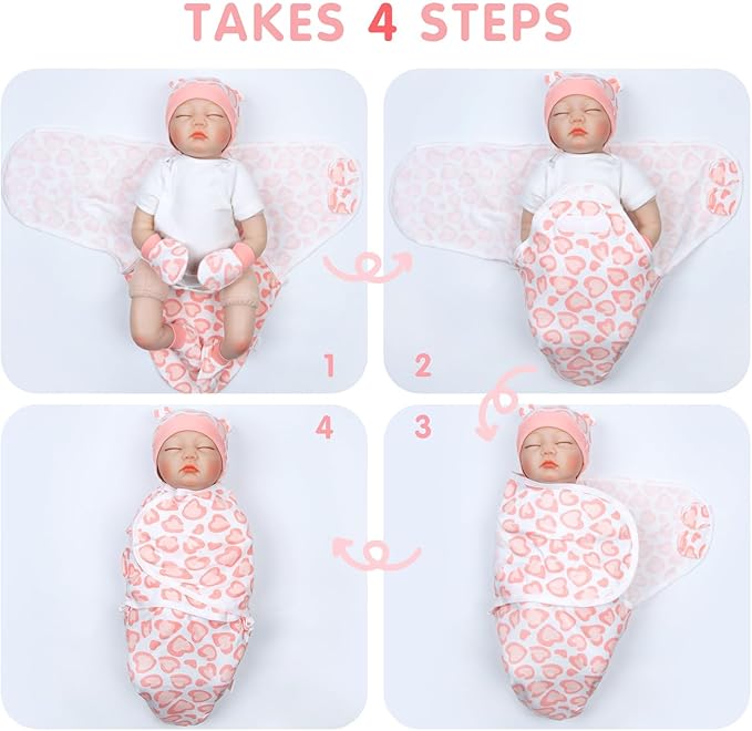 Reborn Baby Doll Clothes Swaddle Blanket 4pcs Accessories Set for 17-22 Inch Reborn Dolls Pink Heart Blanket Newborn Baby Girl Accessories