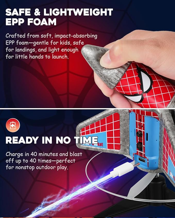 Rocket Launcher for Kids – 2nd Gen Upgraded Design, Electric Auto Launch, 200ft Flight with Safe Parachute, Outdoor Rocket Toy for Boys & Girls, Birthday Gift for Ages 6-13, Spider Pattern