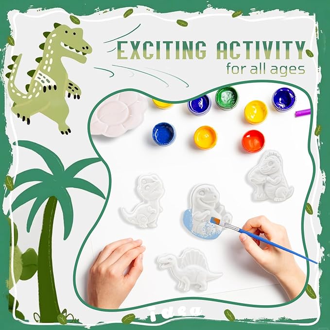 GloomGlo Dinosaur Theme Paint Your Own Plaster Figurines Kit - 24 Pcs Figures with Paints, Brushes & Palettes for Kids' Arts & Crafts Supplies