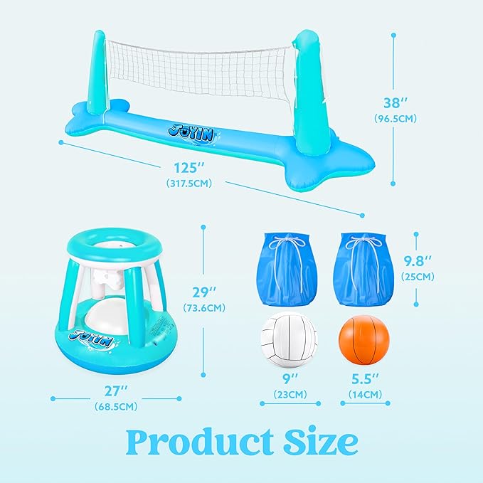 JOYIN XL Inflatable Pool Float Set, 125'' Volleyball Net & Basketball Hoops, Extra Large Floating Swimming Game Toy for Kids and Adults, Summer Floaties, Volleyball Court|Basketball, XL-Blue, Cyan
