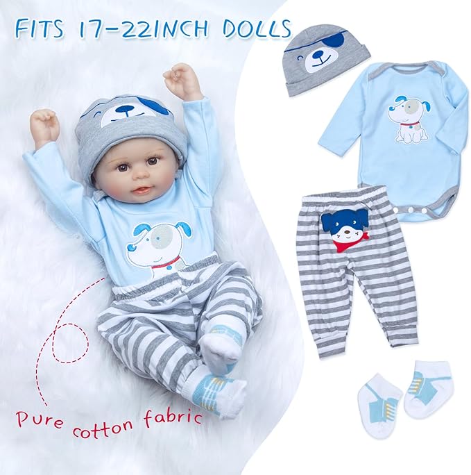 PEDOLLTREE 12 Pcs Set Reborn Baby Doll Clothes Accessories Blue Puppy Outfit Set for 18-22 Inch Newborn Baby Boy Reborn Doll Clothes with Monster Backpack