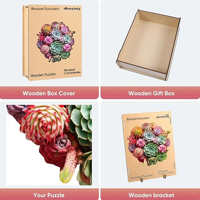 Reouinty Wooden Puzzles for Adults 200 Pieces, Colorful Succulent Jigsaw Puzzle for Mom Grils, Challenging Wood Puzzle, Beautiful Wall Decor, Unique Animal Shaped Puzzles for Family Game 11.3x10.5 in