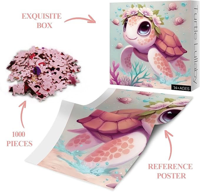 Sea Turtle Puzzle Flower for Adult 1000 Pieces, Ocean Animal Art Puzzles Nature, Cute Underwater Wave Spirit Puzzle as Home Decor