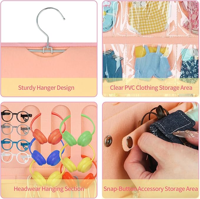 Hanging Doll Clothes Organizer,Doll Accessories Storage Holder,Doll Outfit Wall Display,15cm-17cm Dolls Outfit Holder(Not Include Any Accessories) (Pink)
