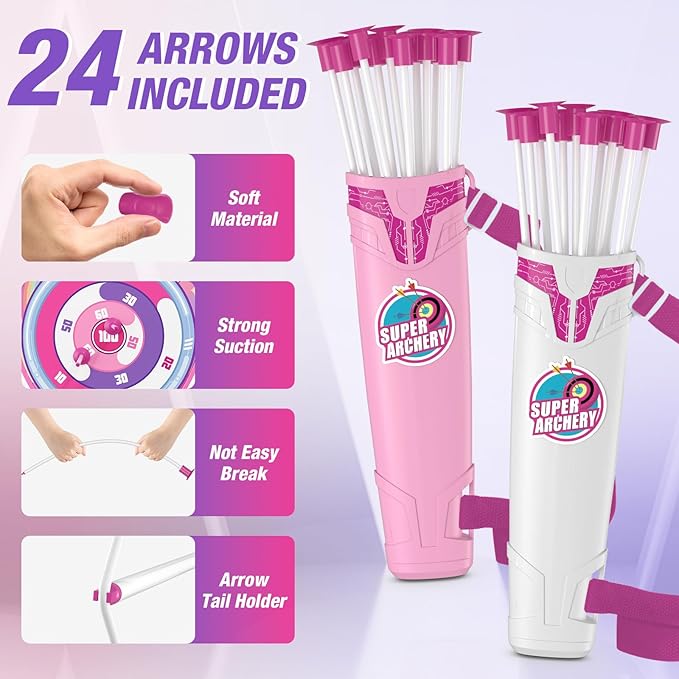 2 Pack Bow and Arrow for Kids 4-6, LED Light Up Archery Set with 24 Suction Cup Arrows, 1 Unicorn Standing Target, 6 Score Targets & 2 Quiver, Indoor Outdoor Sport for Girls Ages 8-12
