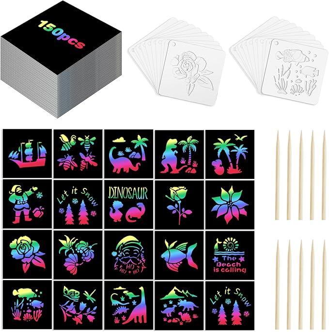 Eommmgl-180 Rainbow Scratch Paper Set,Scratch Art for 4-12 Kids, Mini Notes Arts and Craft Supplies,Matching Random Personalized Stencils ，Christmas Gift，School Classroom Activities, Travel Carrying.