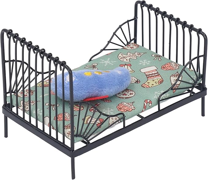 Fydun 1:12 Doll House Bed, 1 12 Children Metal Miniature Bedroom Bed,1 Scale European Furniture Accessory Black Frame with Mattress Pillow for Decor Type B (Type B)
