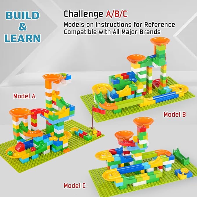 Marble Run Building Blocks for Kids, 145 PCS Building Bricks Construction Toys with Step-by-Step Guide, STEM Toy Track Compatible with Major Brands for Age 3 4 5 6 7 8+ Boys Girls Birthdays