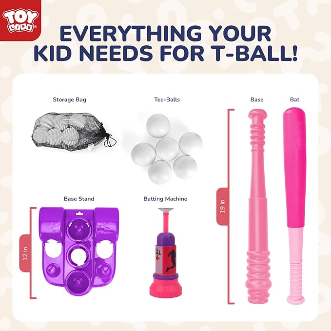 TOY Life T Ball Sets for Kids 3-5, Baseball Set for Toddler Girls, TBall Stand with Ball Launcher and 6 Teeballs, Indoor/Outdoor Sport Toys Gifts for Girls, Pink