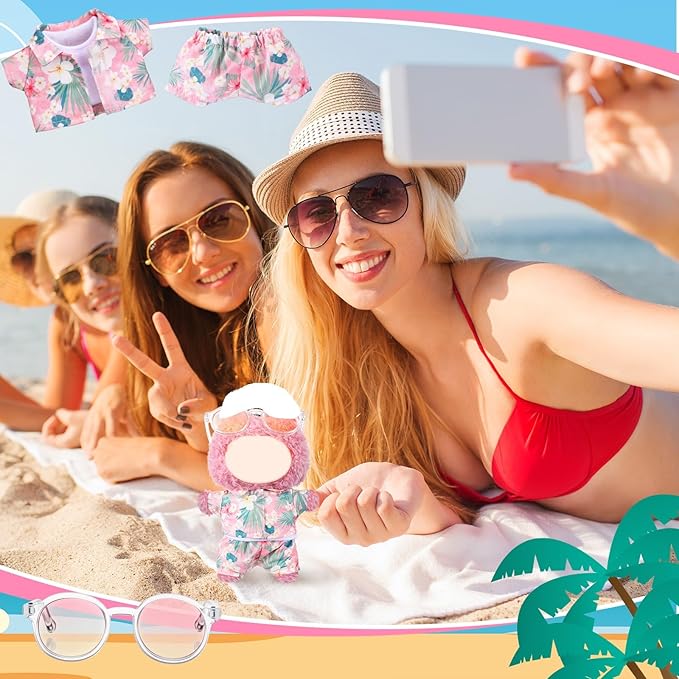 Simgoing 4 Pcs 17cm Dolls Hawaii Outfit Set Summer Floral Shirt Shorts White Vest and Mini Sunglasses Vacation Style Doll Clothes with Accessories Beach Apparel for 17cm Dolls(Pink Palms Style)