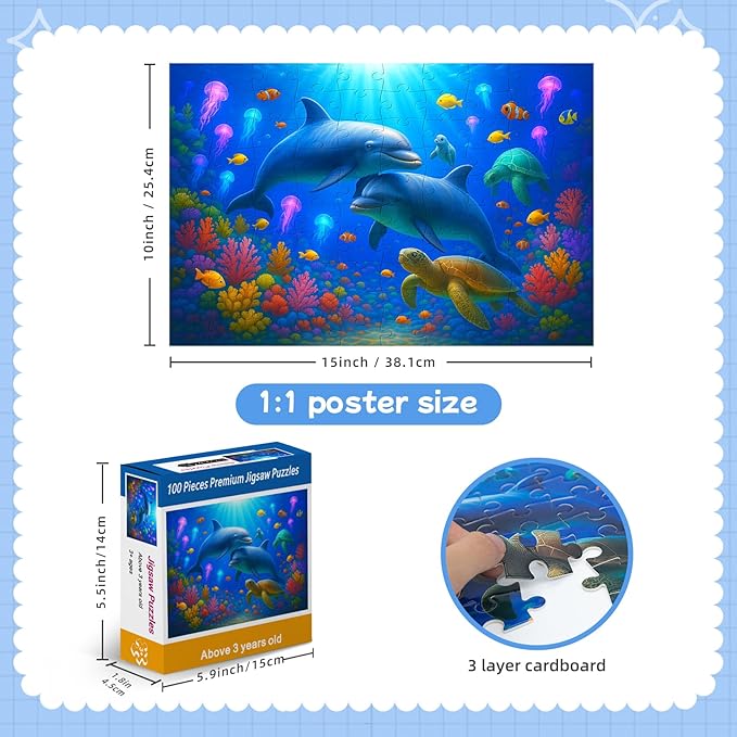 100-Piece Colorful Ocean Puzzles for Kids Ages 4-6 6-8 8-10, 100-Piece Jigsaw Puzzle with Dolphins, Sea Turtles, Fish & Coral – Educational Toy for Boys & Girls – Underwater Animal Puzzle Game