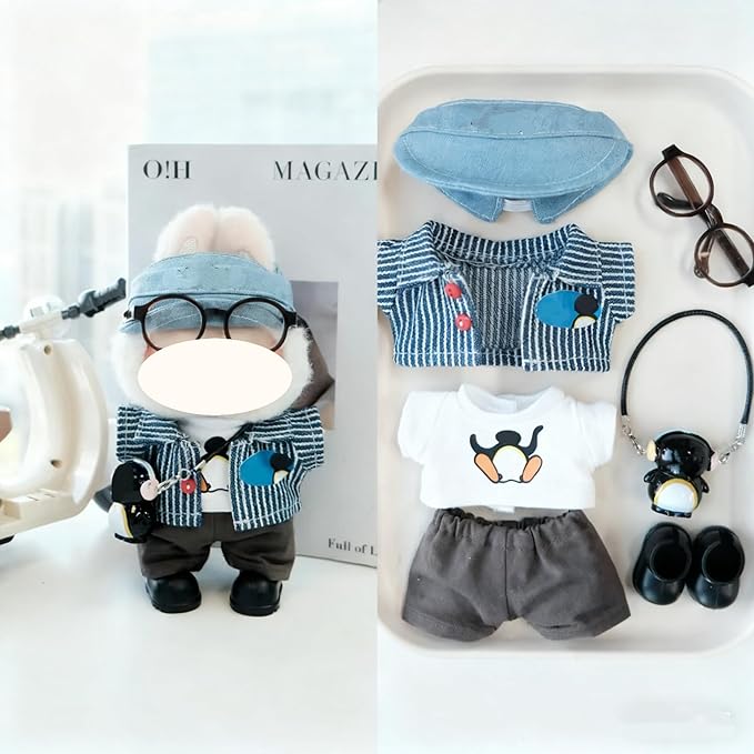 Clothes for 17cm Doll, 5 pcs Set Doll's Outfits Luxury Dress Shirt Pants Headset Shoes Accessories Fashion Stylish Adorable Dolls Clothes (No Doll) (Penguin Stripe Blue)