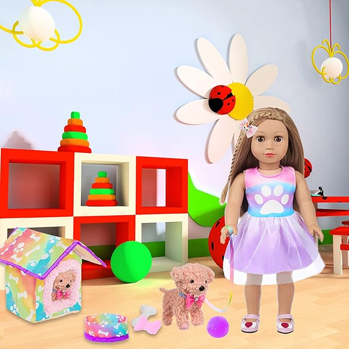 DOTVOSY American 18 Inch Doll's Clothes and Accessories Pets Dog Play Sets for 18" Doll Included Dress,Pets Dog,pet Nest, Toy Ball, Hair Comb