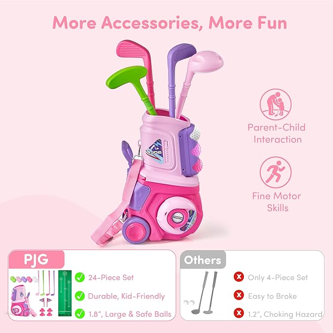 PJG Toddler Golf Set with Mat, Plastic Kids Golf Clubs Ages 1 2 3 4 5 Years Old with 4 Golf Clubs and 10 Balls, Toddler Golf Toys with Cart for Boys and Girls Birthday (Pink)