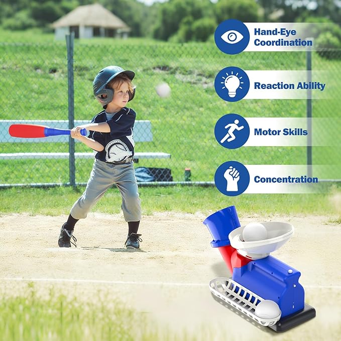 Automatic Baseball Pitching Machine for Kids, Baseball Hitting Trainer with Bat & 4 Balls, T Ball Launcher Training Equipment, Outdoor Indoor Sports Toy Gift for Boys Girls 6+