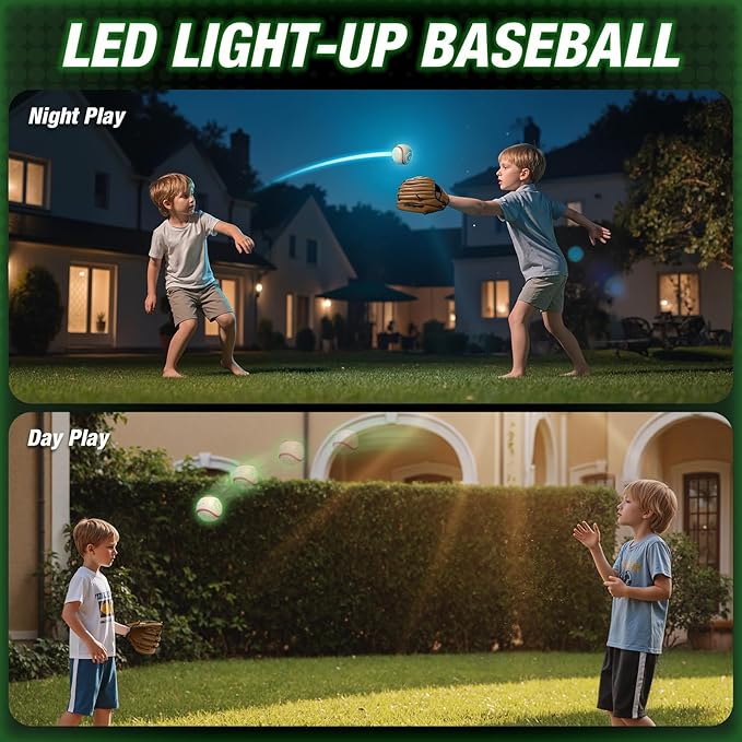 Kids Baseball Glove with Light Up Baseball/LED Rechargeable, 9 Lighting Modes Official Size Leather Weighted Glow Baseballs for Day Night, Sport Toys Games for Youth Boys