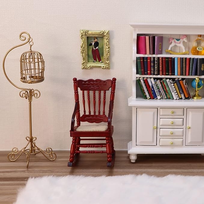 Dollhouse Miniature Rocking Chair 1:12 Scale Wooden Furniture Accessories Tiny Mini House Home Outdoor Decoration Model Living Room Scene Christmas Craft Displays (Red)