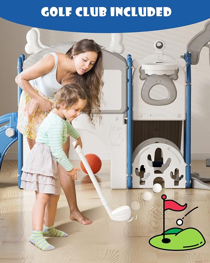 XJD 13-in-1 Toddler Slide and Swing Set, Kids Slide for Toddlers Age 1+, Toddler Outdoor Playset New Upgrade with Golf Set, Basketball Hoop, Drawing Board for Playground (Blue White)