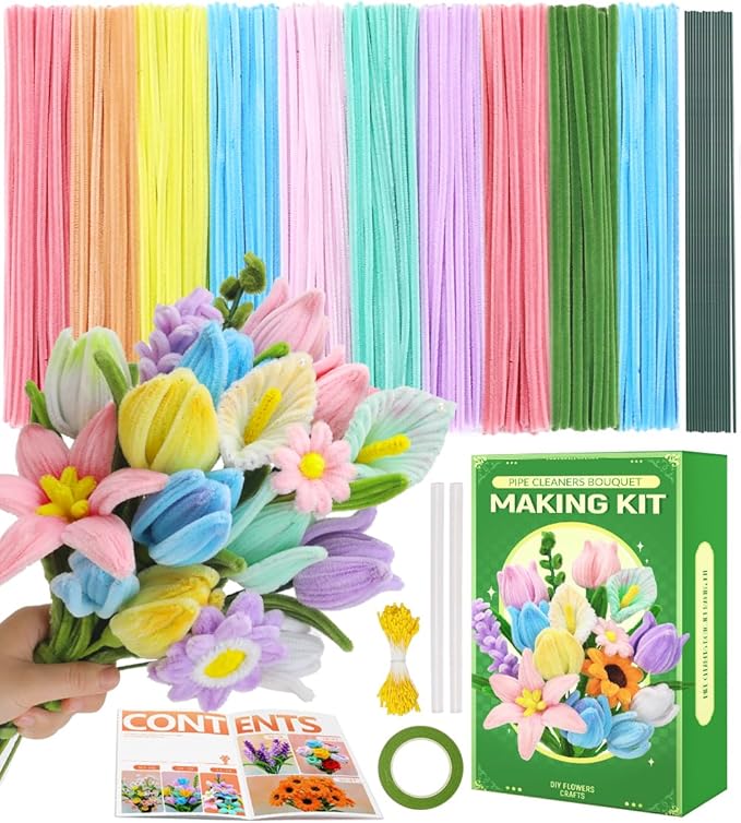 Praisebank Pastel Pipe Cleaners for Crafts (400pcs with Instruction), Flower Making Kit, Chenille Stems for DIY Projecets, Arts & Crafts Supplies for Festival Party Decorations