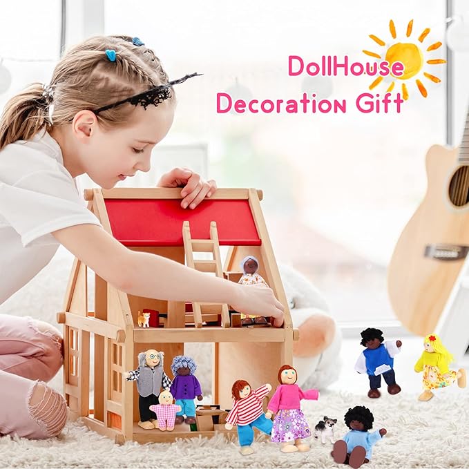Skylety 20 Pcs Wooden Dollhouse Family Set of 16 Mini People Figures and 4 Pets, Wooden Dollhouse Dolls Cosplay Family Figures Accessories for Pretend Toy(Cute Style)