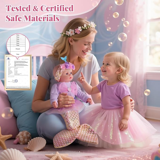 BABESIDE Mermaid Baby Doll - 17-Inch Realistic Soft Baby Dolls with Playful Mermaid Tail & Accessories Easy to Carry Mermaid Toys for 3+ 4 5 6 7 8 9 Years Girls Birthday Gift, Pretend Play & Christmas