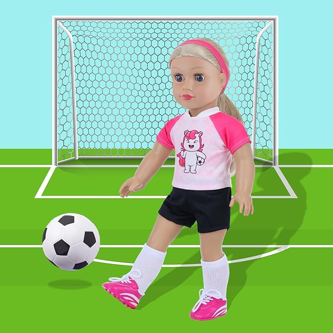 18 Inch Doll Accessories Football Sport Set - 7PCS Includes Headband, Tops, Shorts, Shoes, Mini Soccer Ball, Socks & Water Bottle for American Doll Pretend Play, Gifts