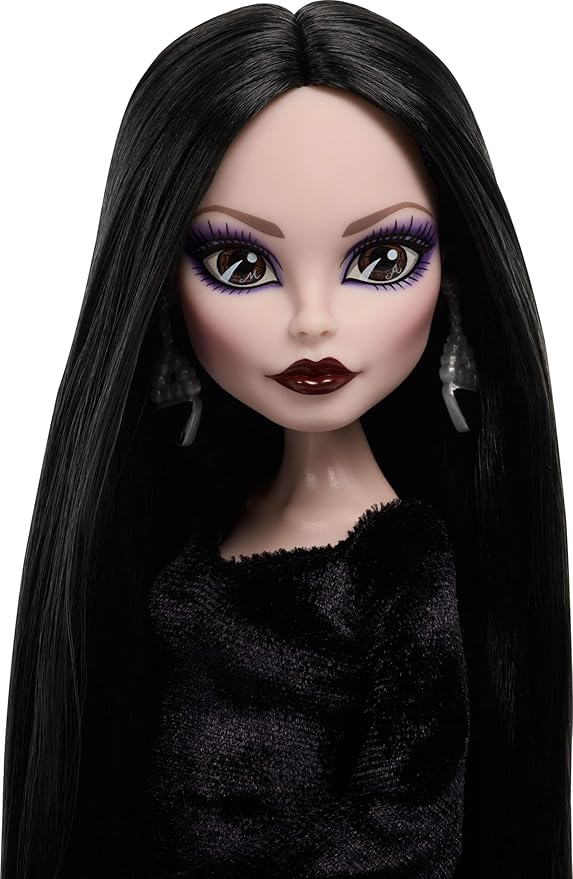 Monster High x Wednesday Doll, Morticia Addams Collectible in Black and Crimson Velvet Dress with Jewelry, Show-Inspired Heels and Doll Stand